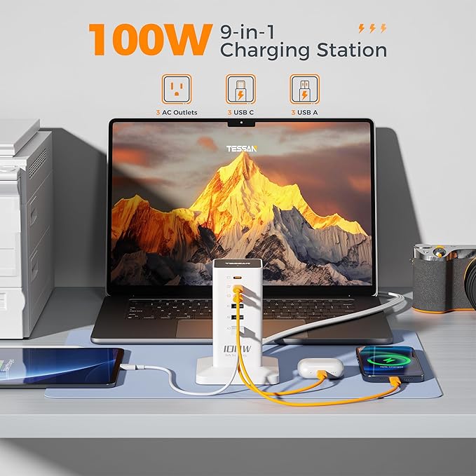 Charging Station PD 100W, TESSAN 9-in-1 USB C Power Strip - Image 3