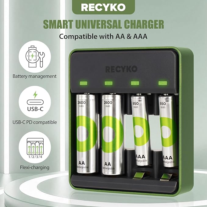 RECYKO AA AAA NiMH Battery Charger, 4 Individual Bay Charger - Image 3