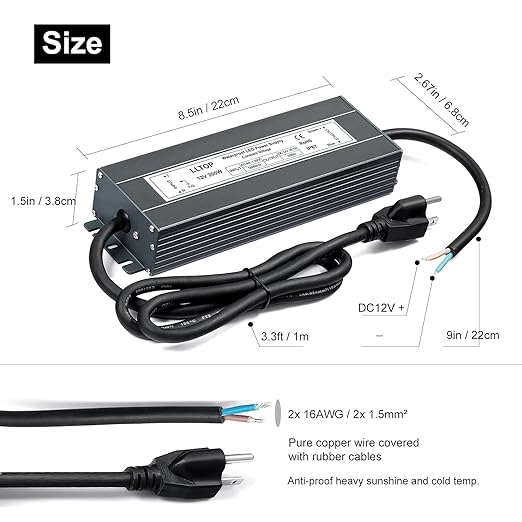 LLTOP Low Voltage Transformer 200 Watts Waterproof IP67 Power Supply 90-130V AC - Image 3
