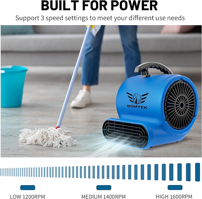 BSMTEK Air Mover Blower Fan, Industrial 1/3HP 1200CFM Monster Floor Blower - Image 3