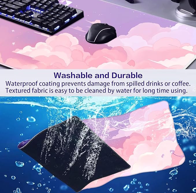 Cute Anime Cloud Desk Mat, Beautiful Pink Stitching Edge Non Slip Rubber Mouse - Image 6