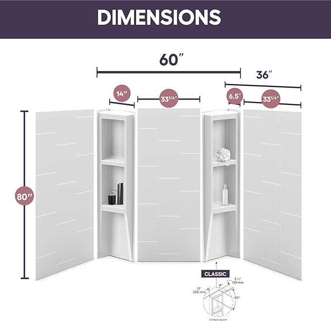 White Acrylic Shower Wall Surround 36"x 60"x 80" - Image 3