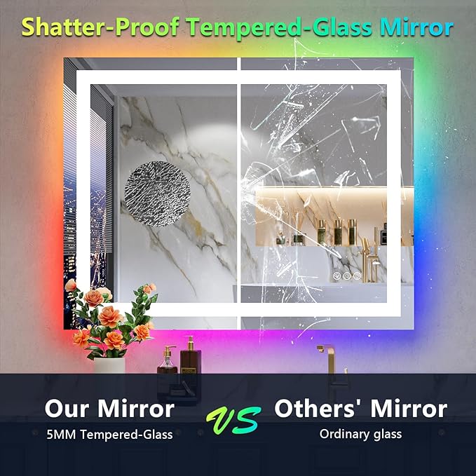 YEELAIT 36x30 Inch RGB LED Bathroom Mirror Front Light and RGB Backlit Lighted - Image 6