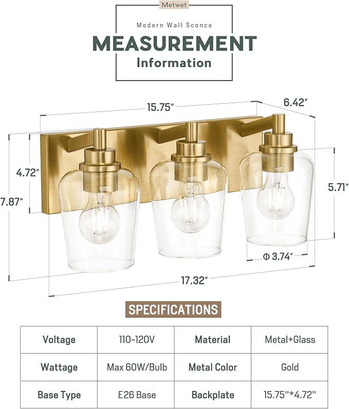 METWET Bathroom Light Fixtures, 3-Light Modern Vanity Light - Image 2