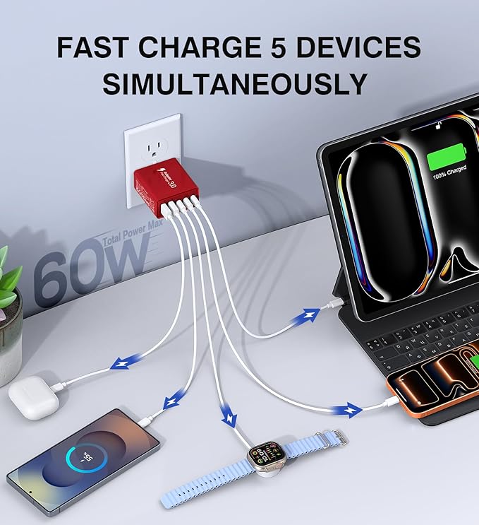 2Pack USB C Fast Charger Block, 60W 5-Port Type C Wall Charger Brick, 2 USB A - Image 2