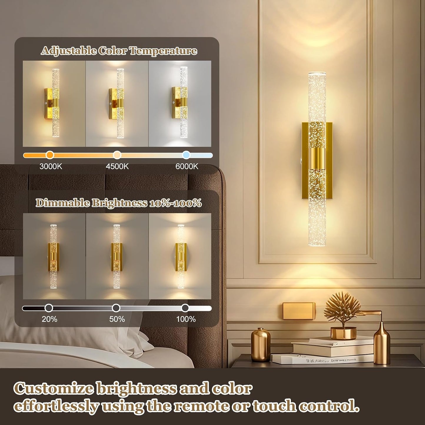 17 Inch Battery Operated Wall Sconces Set of two with 20000mAh Battery | Rechargeable Wall Lights with 3 Color - Wireless LED Arylic Wall Lamp with Remote for Bedroom Bathroom Hallway Living Room
