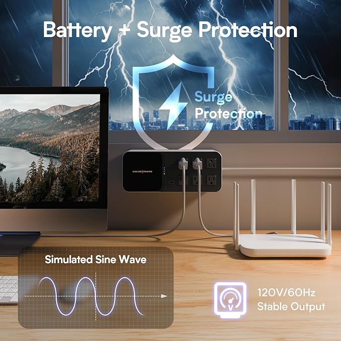 GOLDENMATE 600VA/360W Lithium UPS Battery Backup and Surge Protector, Backup - Image 2