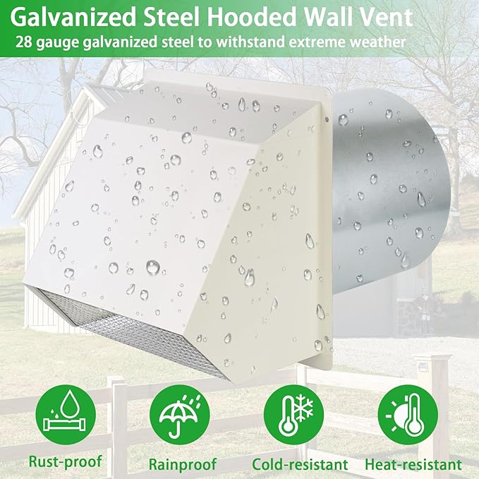 10 Inch Hooded Wall Vent with Screen and Damper, Outdoor Wall Exhaust Vent - Image 6
