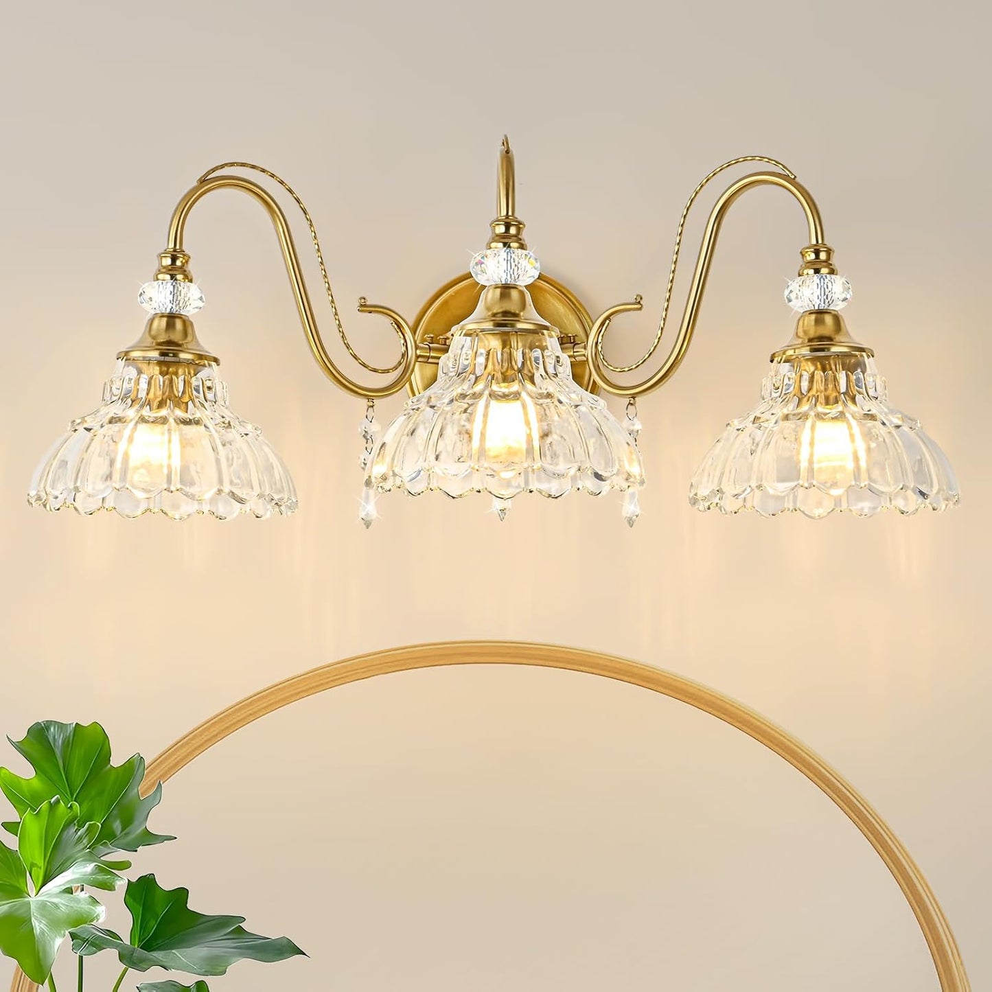 Vintage Bathroom Vanity Light, 3-Light Brushed Gold Finish Wall Sconce with Hanging Crystal Accents and Flower-Shaped Clear Glass Shades, Retro Wall Mount Vanity Light Over Mirror for Bathroom