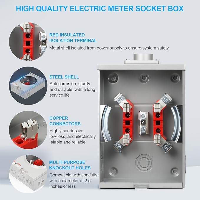125 Amp Meter Socket, 4 Jaw Meter Base, 600V 3 Wire Ringless Type, - Image 2