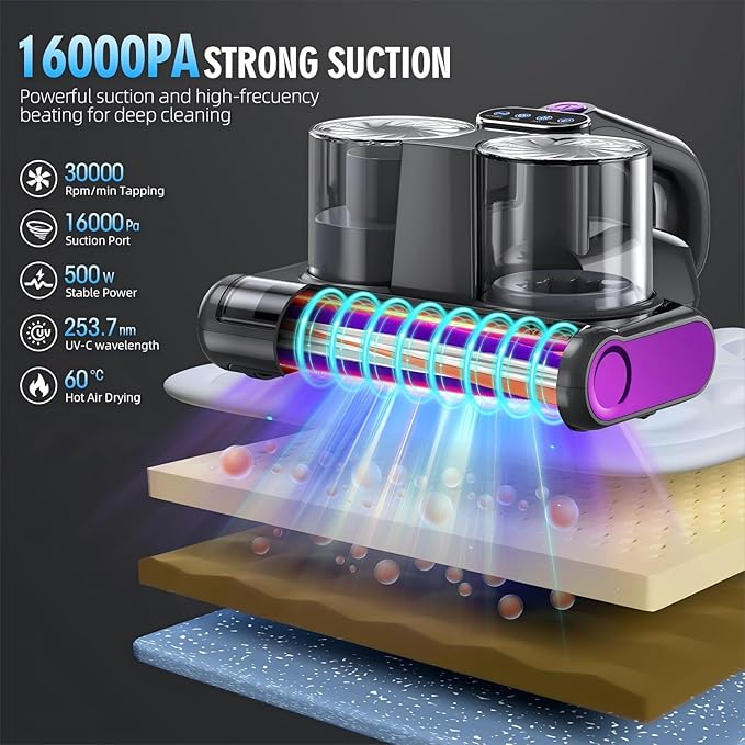 JPHYLL Mattress Vacuum Bed Vacuum Cleaner 16Kpa Suction 253.7nm UV-C Light - Image 2