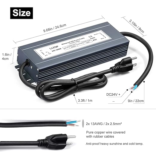 LLTOP LED Power Supply 24V 12.5A 300W LED Driver AC90-130V to 24VDC Converter - Image 3