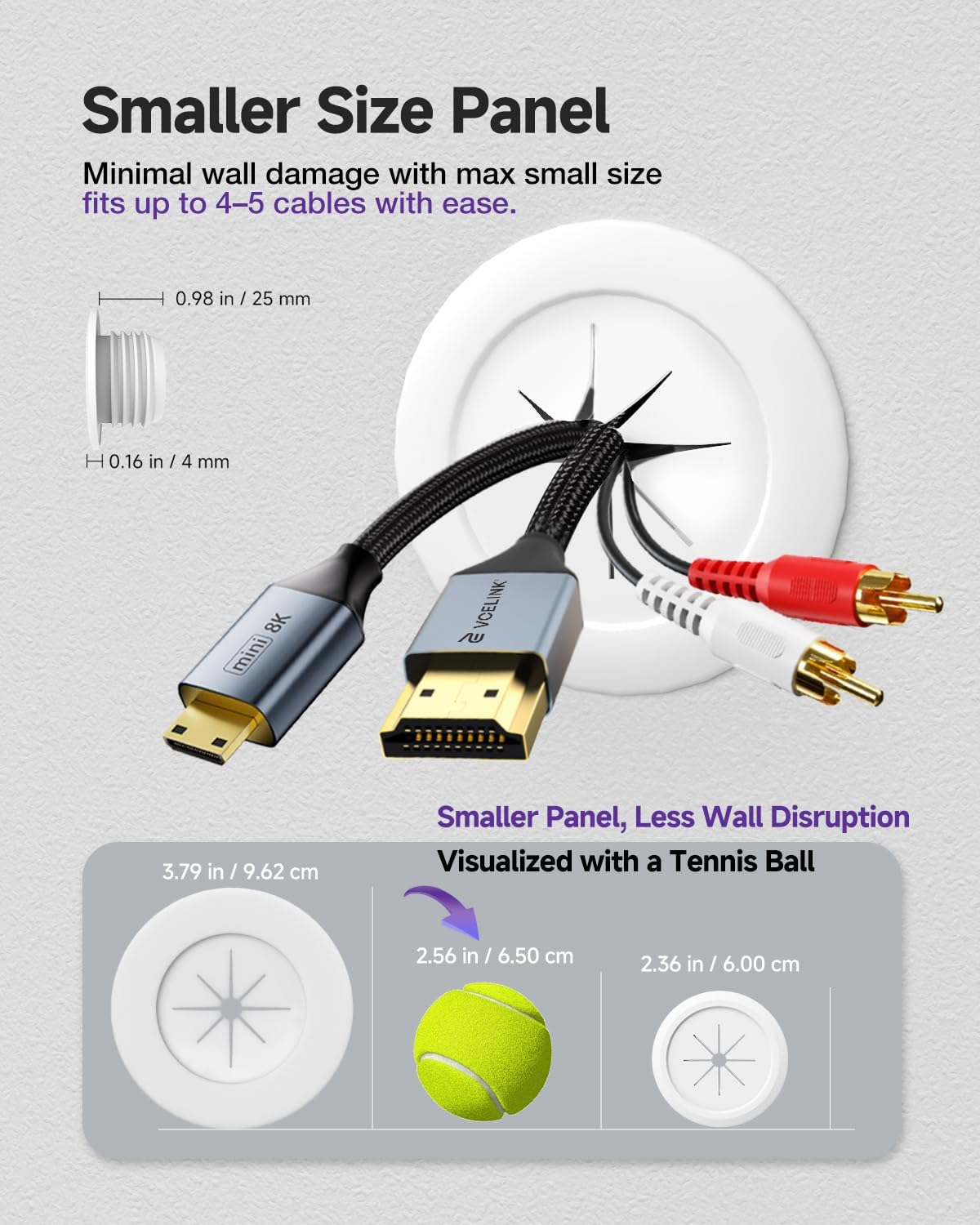 VCELINK TV Cord Hider, Mini White Cable Management Kit, White, 4-Pack | 2.36" Mini White Cable Management Kit | Push Type | Hides TV Wires | 4-Pack Grommets & 1 Hole Saw Drill Bit