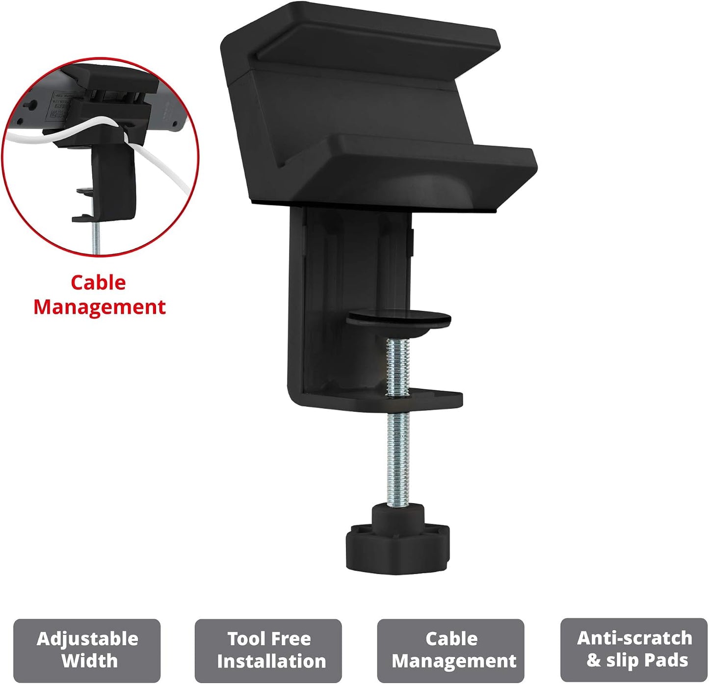 SIIG Power Strip Clamp Holder with Cable Management, CE-MT2Y12-S1 | Clamp a power strip beneath or beside a desk to keep outlets accessible and route cables away from the work surface.