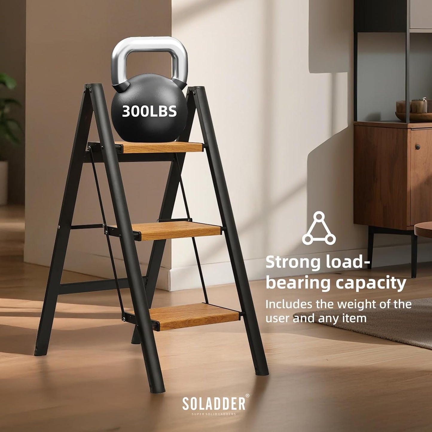 3 Step Ladder, Folding Step Stool, Black & Woodgrain | Wide Anti-Slip Steps and a Foldable, Space-Saving Design for Adults to Use in Kitchens, Closets, Library,300 lbs