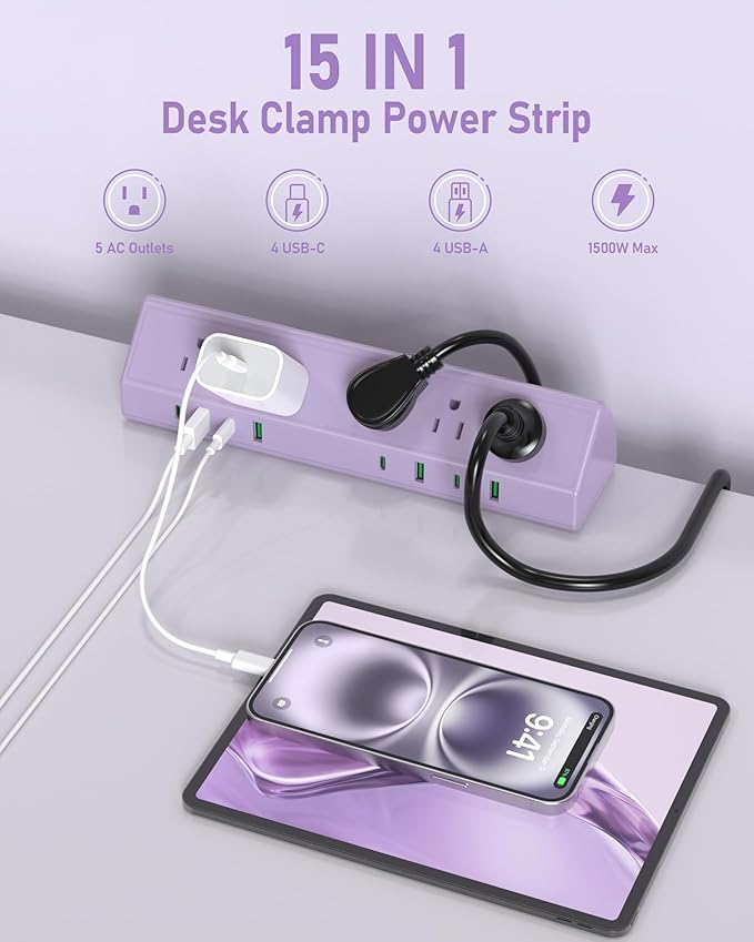 Jgstkcity Desk Clamp Power Strip, 65W Fast Charging Station, 4 USB-C, 4 USB-A - Image 3