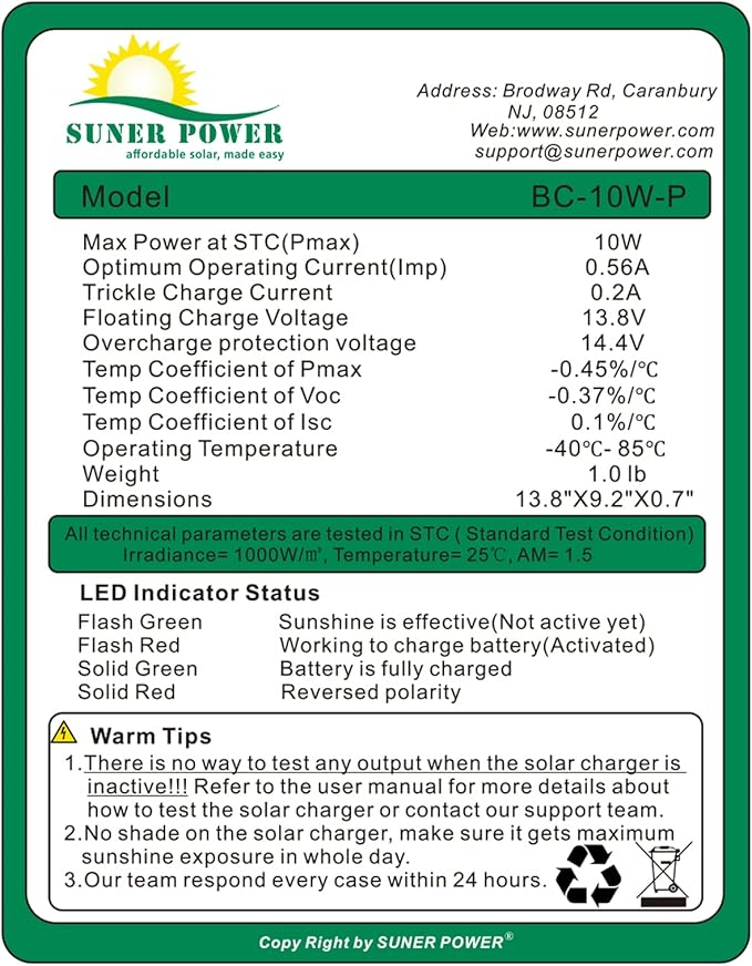 SUNER POWER 10W 12V Solar Battery Charger Maintainer, Built-in Smart MPPT - Image 5