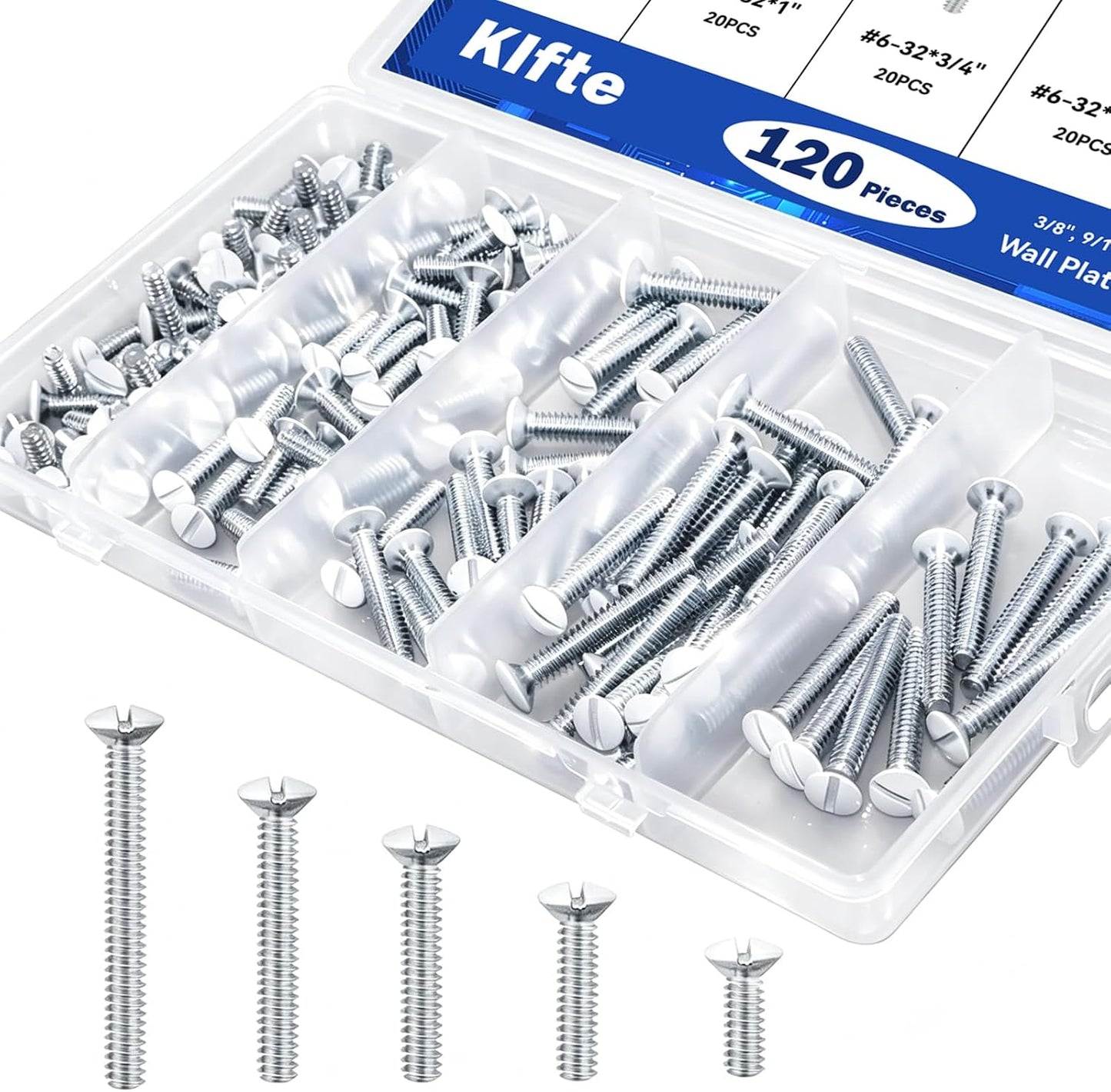 120 pcs Wall Plate Screws, White Outlet Screws 6-32 Thread Light Electrical Cover Panel Switch Plate Screws 5 Length Sizes (3/8", 9/16", 3/4", 1", 1.2")