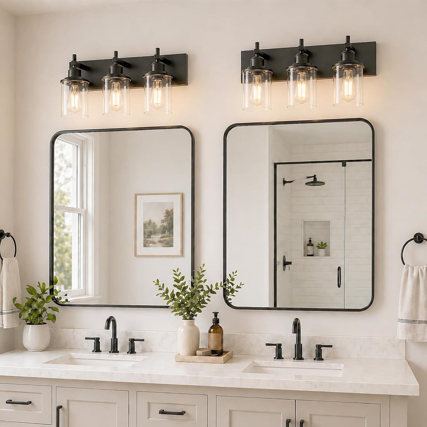 Lanhall 3-Light Black Bathroom Light Fixture Over Mirror Modern Farmhouse Bathroom Vanity Light Vintage Wall Lighting with Clear Glass Shade for Bathroom, Bedroom, Hallway, Cabinet