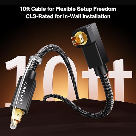 IVANKY Right Angle Optical Audio Cable, 10ft/3M 24K Gold-Plated 90 Degree - Image 2