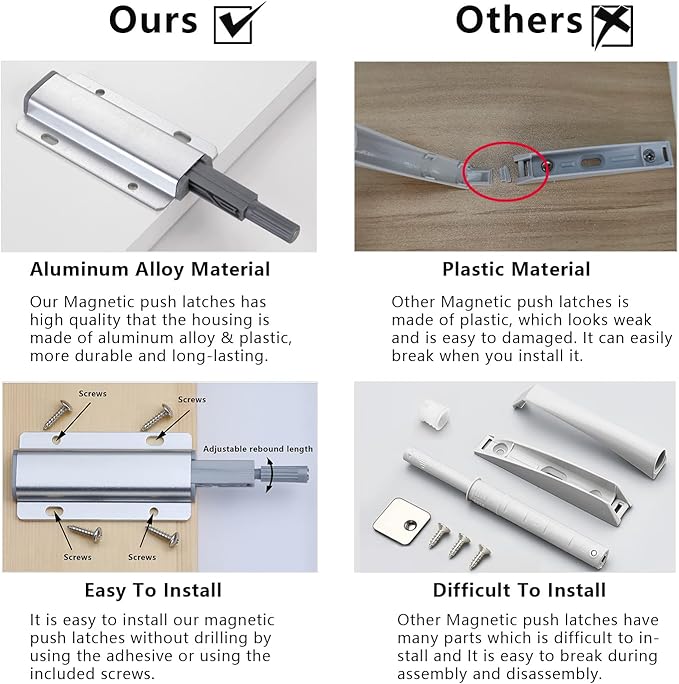 Push to Open Door Latch, 5 Pack Magnetic Push Latches, Adhesive Heavy Duty - Image 7