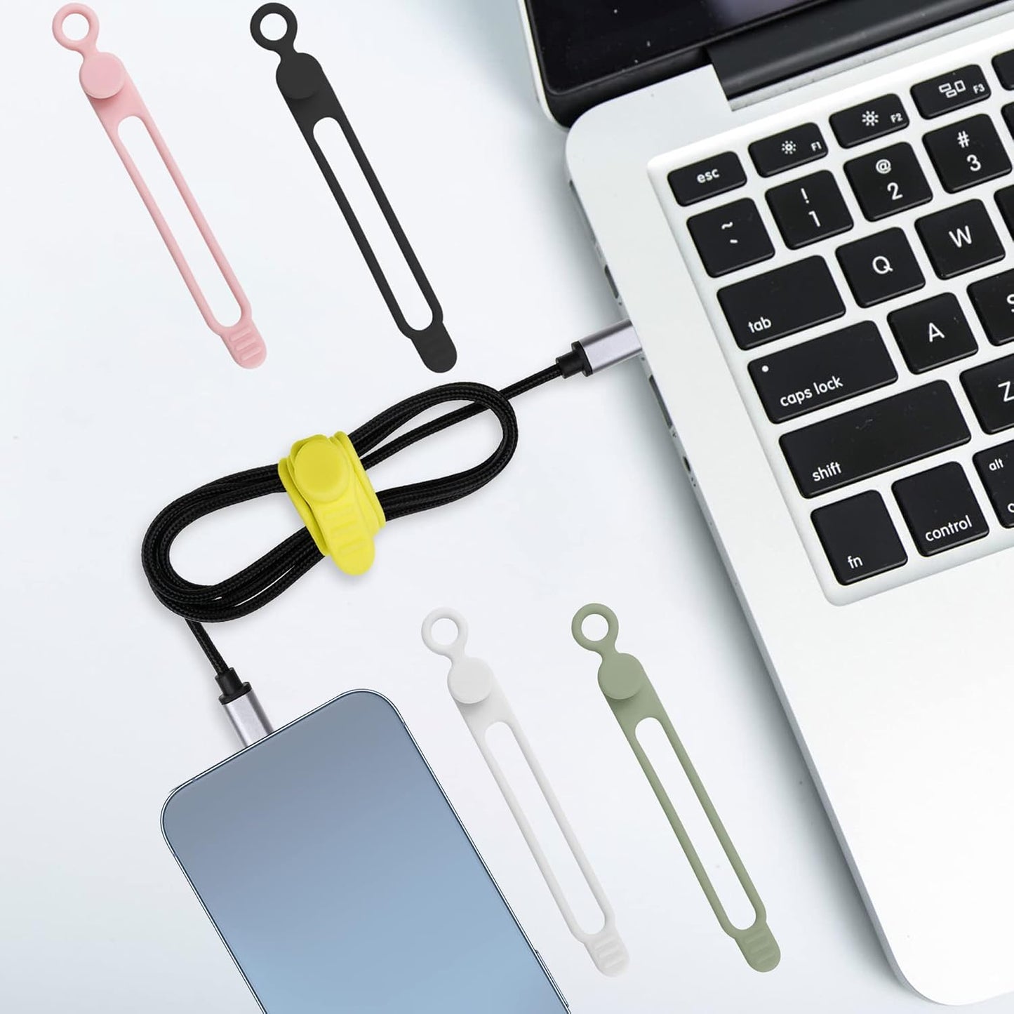 100Pcs Silicone Cable Ties, Cord Organizer Cable Management-Multi | Reusable Cord Ties for Electronics, Office Desk Accessories, Home Travel Essentials, Easy to Use, 4.2 Inch-5 Colors