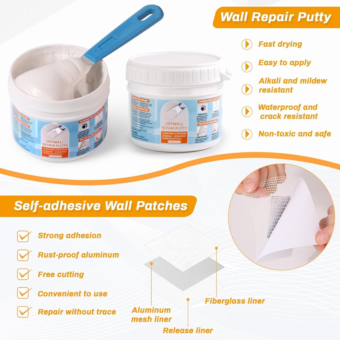 Drywall Repair Kit, Wall Surface Hole Patch Repair Kits with 12OZ White Putty Hole Filler, Fix Wall Surface and Creak Damage with Scraper, Sanding Pad Fill Quick and Easy Solution