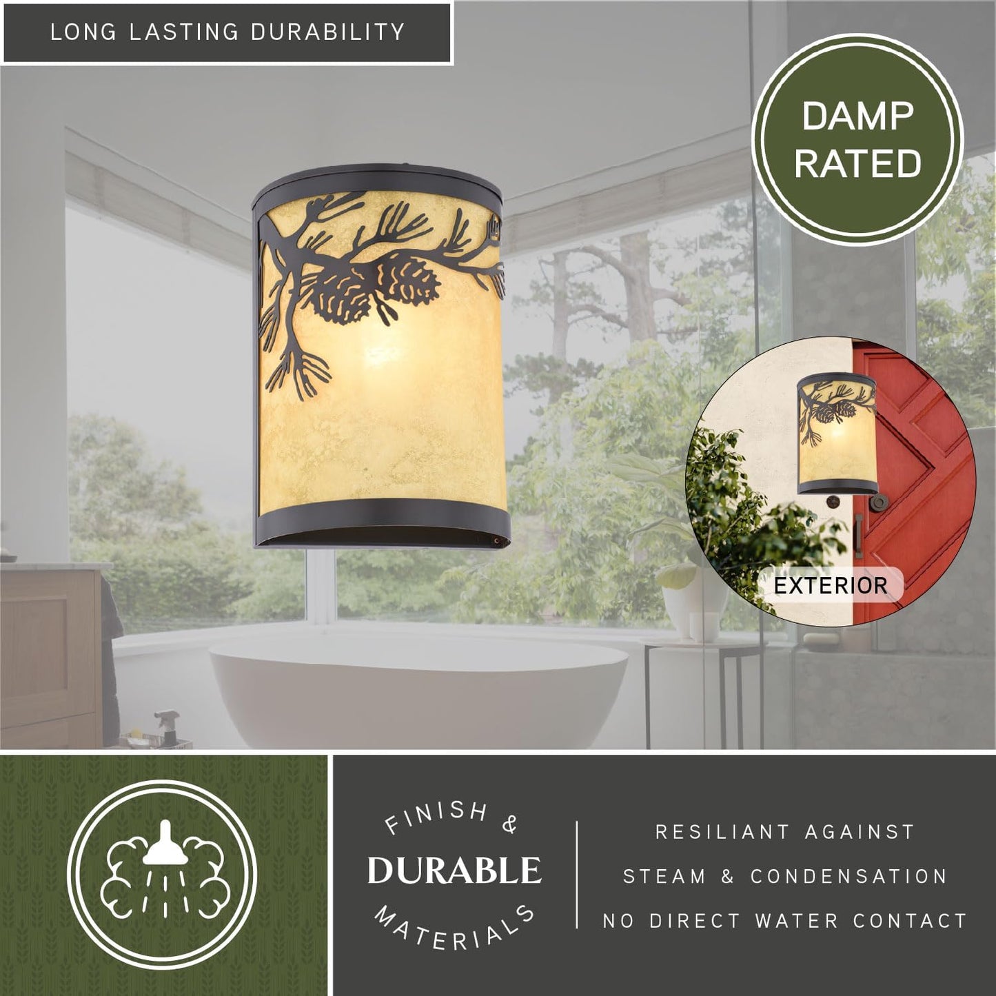 VAXCEL Douglas 1-Light 8 in. Wide Warm Bronze Indoor-Outdoor Rustic Flush Mount Wall Sconce with Pinecone Cutout and Amber Flake Glass Shade, Dimmable, LED Compatible, Bathroom Vanity Lighting Fixture