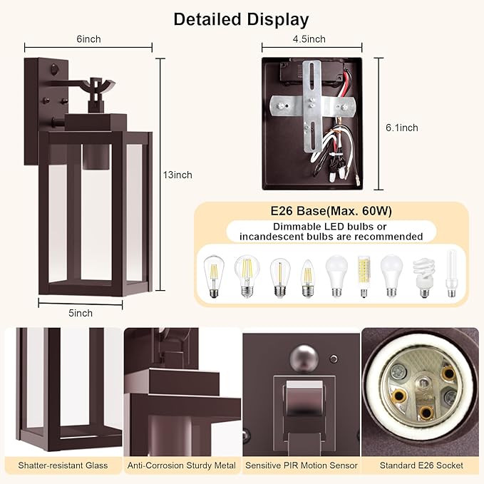 LTBLIGHT 2-Pack Motion Sensor Porch Lights Outdoor, Farmhouse Brown Dusk to - Image 6