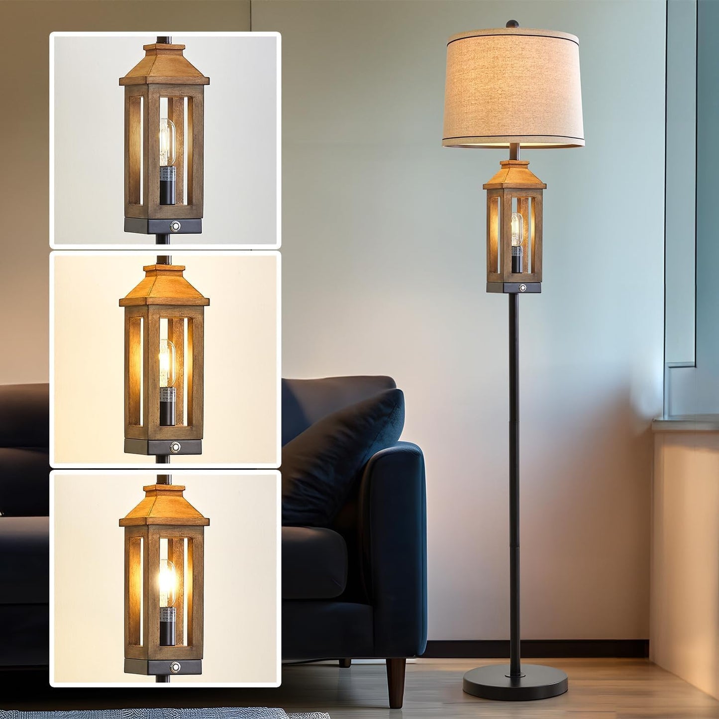 G-SAFAVA 63" Farmhouse Floor Lamps for Living Room Bedside Nightstand Lamp Black Tall Standing Lamp for Home Decor Bedroom Reading Wood Lamp Rustic Bed Lights with 2 Light Sources