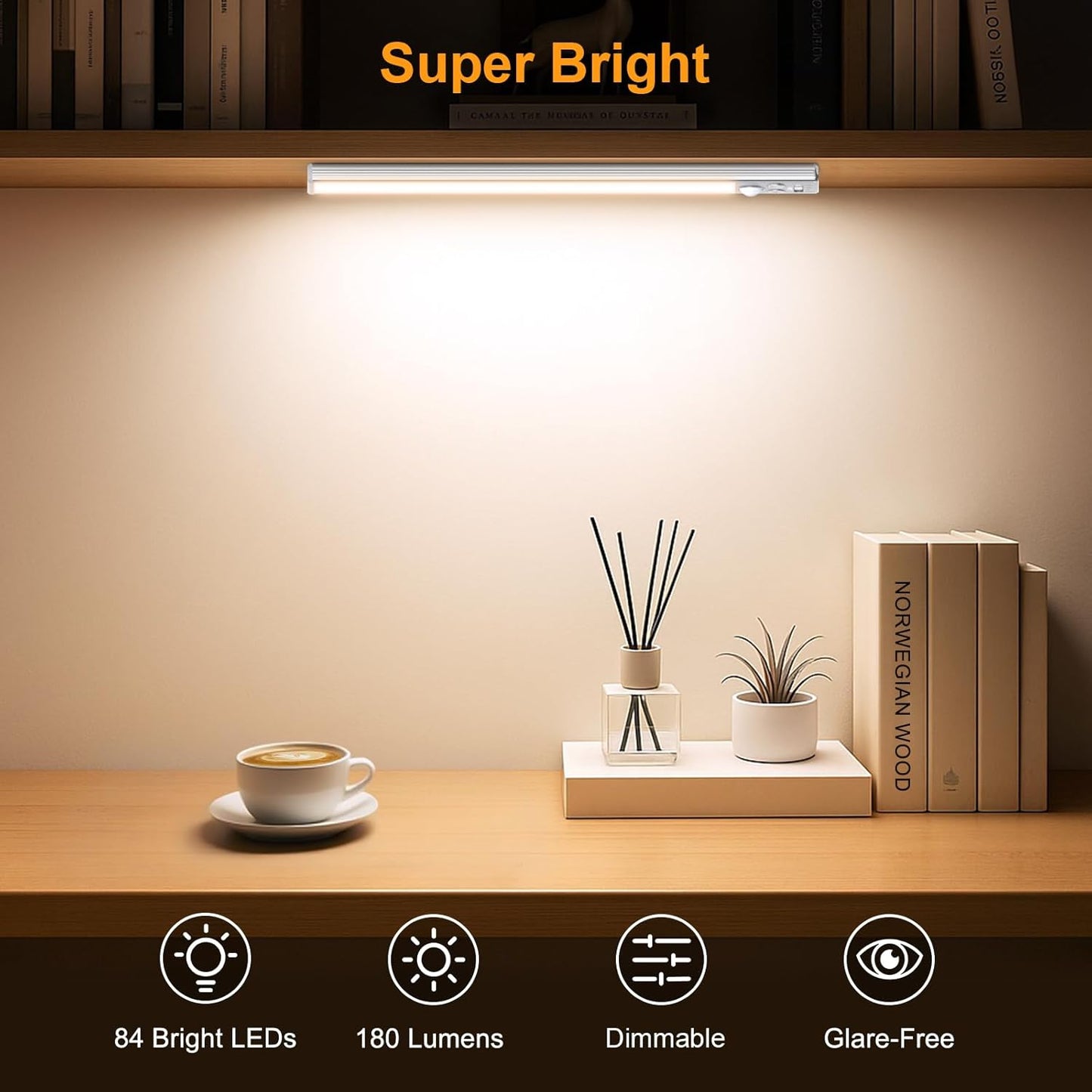 Gritin 10.2inch Under Cabinet Lighting Rechargeable 2 Pack- 3 Color Temps&5 Level Brightness, Super Bright, 4 Modes, Motion Sensor, Long Lasting - Easy Installation Magnetic Under Closet Lights
