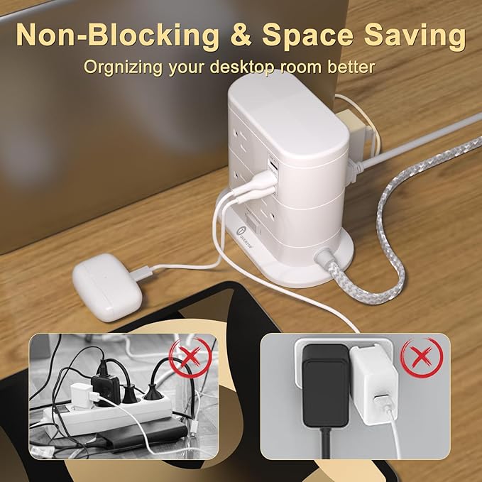 Overtop Tower Power Strip with Surge Protection, Nightlight Flat Plug Power - Image 6