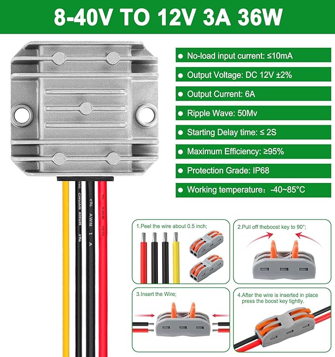 DC 8-40V to 12V Converter 3A 36W Regulated Voltage Power Converter IP68 - Image 2