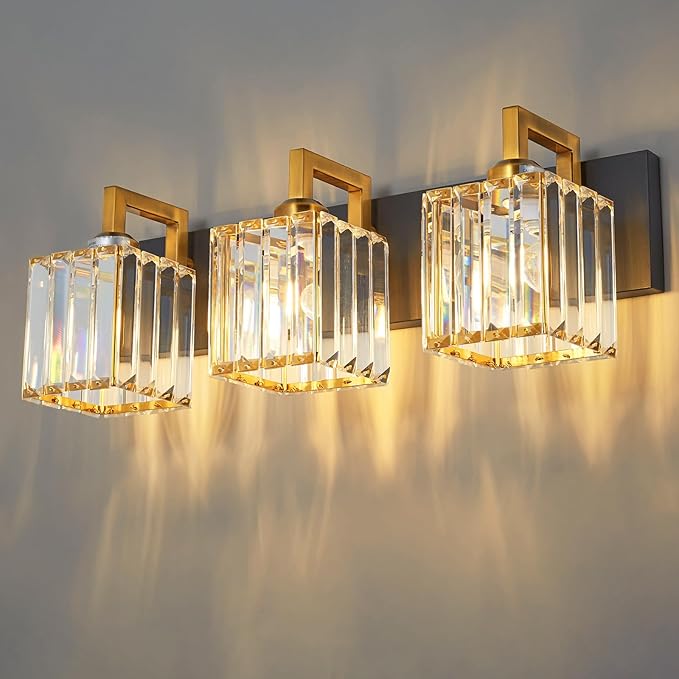 FDPBY Modern Bathroom Vanity Light 3-Lights Black Gold Crystal Wall Lamp by FDPBY