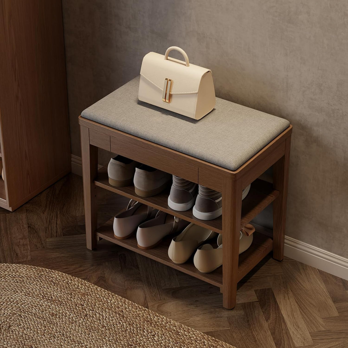 solid wood shoe bench with storage, 2-tier shoe, main product view