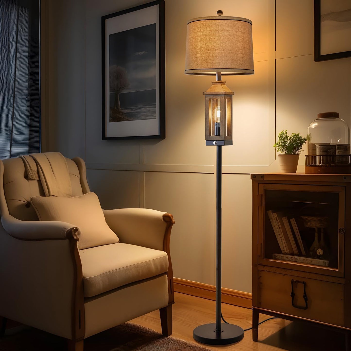 G-SAFAVA 63" Farmhouse Floor Lamps for Living Room Bedside Nightstand Lamp Black Tall Standing Lamp for Home Decor Bedroom Reading Wood Lamp Rustic Bed Lights with 2 Light Sources