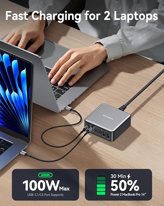 270W USB C Charger Block, Rocoren 6 Port Multi USB-C Charging Station, 100W PD - Image 3