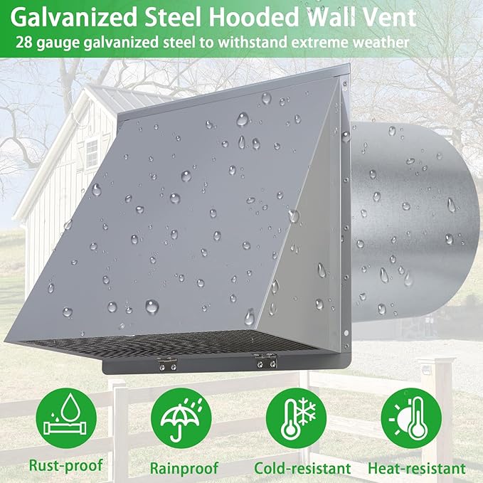8 inch Hooded Wall Vent with Screen and Damper, Wall Vent Cover Exhaust Vent - Image 5