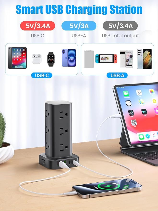 Tower Power Strip with 15W Wireless Charger, 6FT Flat Plug Extension Cord with - Image 6