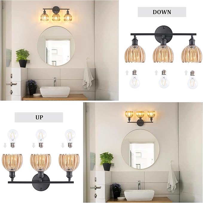 Shenmoyl Bathroom Light Fixtures, 3-Light Black Vanity Wall Light Over Mirror - Image 6