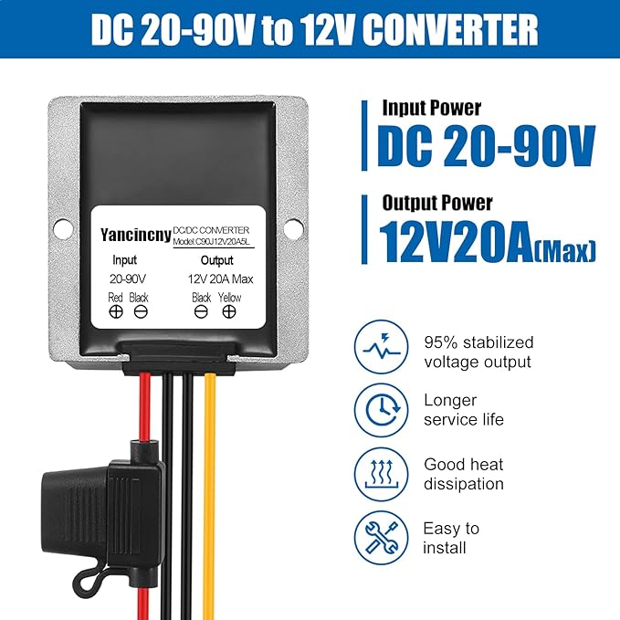 Yancincny 240W Dc-Dc Step Down to 12V Converter, DC 90V 72V 60V 48V 36V 24V to - Image 2