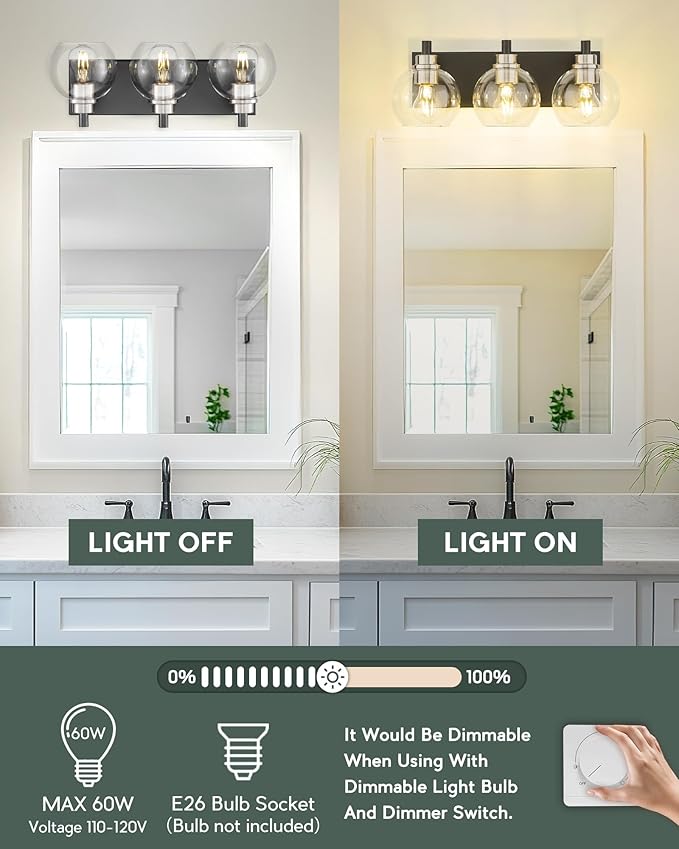METWET Bathroom Light Fixtures, 3-Light Black and Brushed Nickel Bathroom - Image 4