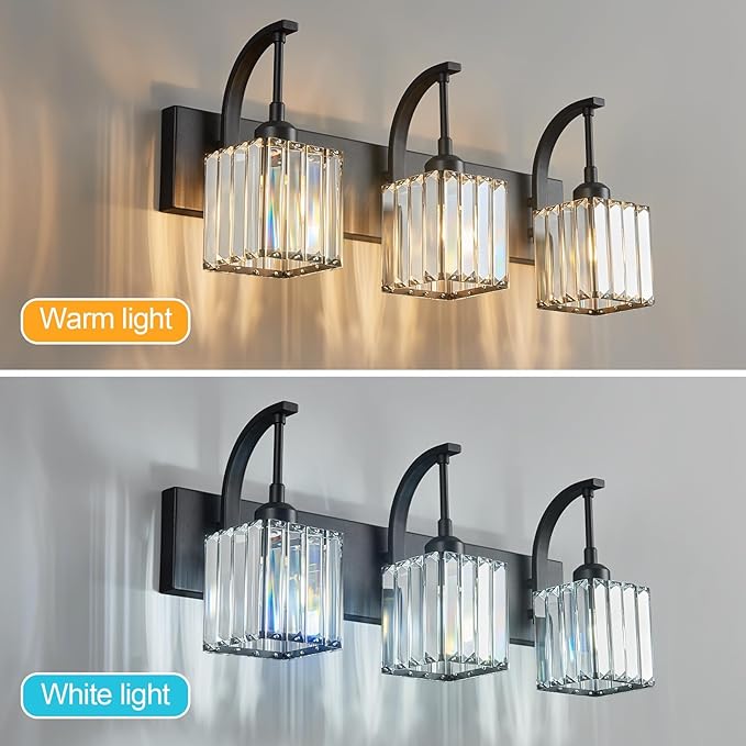 FDPBY Crystal Vanity Lights 3-Light Black Bathroom Vanity Lights Modern Crystal - Image 2