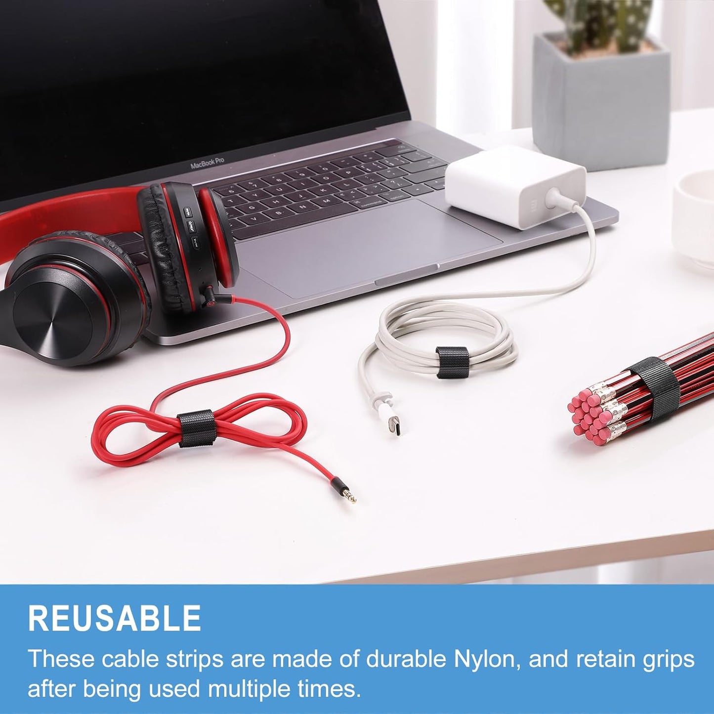 100 PCS 8 Inches Reusable Cable Ties | Adjustable Cord Wraps, Cable Straps | Hook & Loop Cord Organizer, Cable Management | 5 Colors