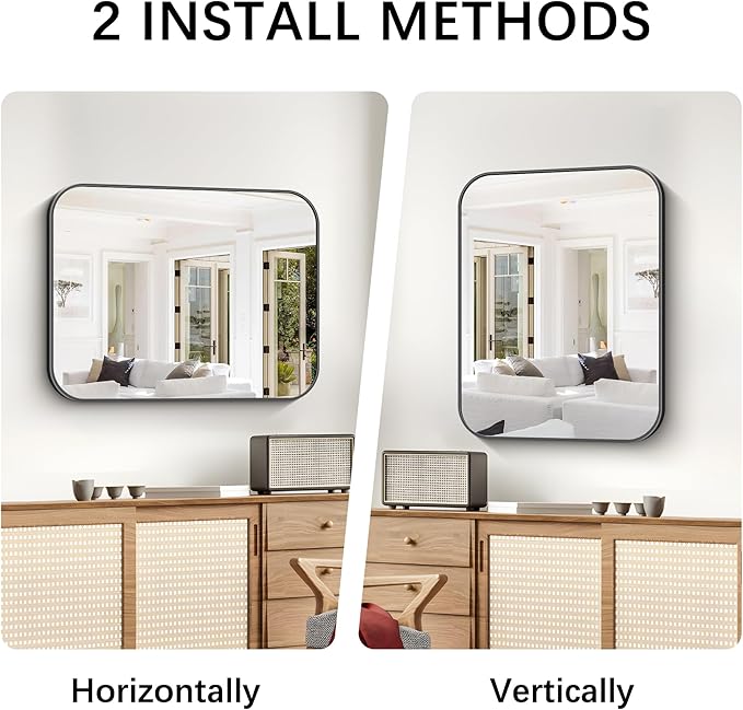 Bathroom Mirror, 30 x 24 inch Metal Framed Black Rectangle Mirror, Rounded - Image 4