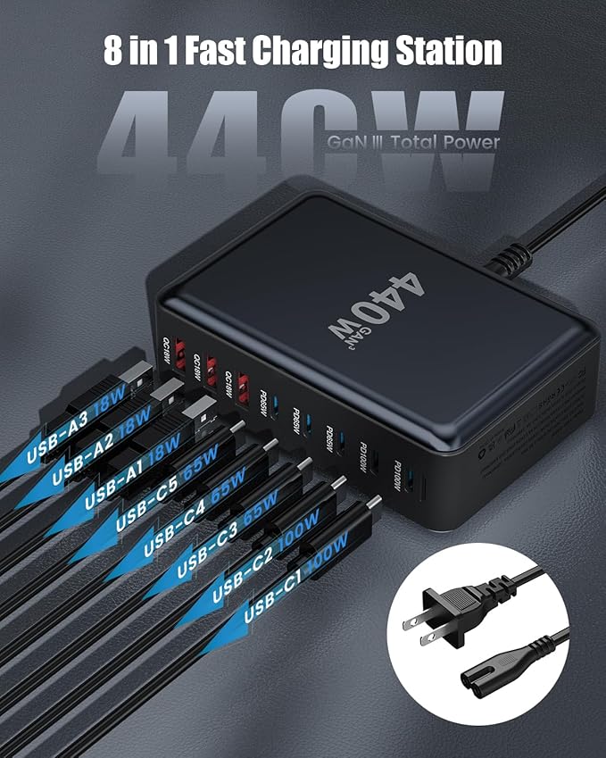440W USB C Charger Block, 8-Port USB C Charging Station GaN IV Travel - Image 4