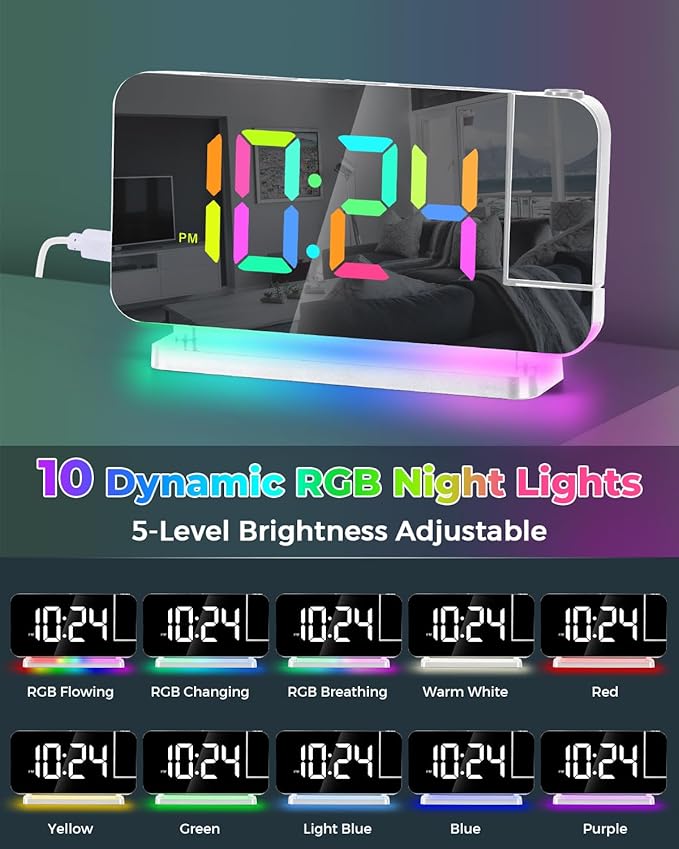SZELAM Projection Alarm Clock, 7.4" LED Mirror Digital Clocks Large Display - Image 4
