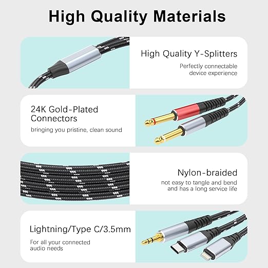 Lightning to Dual 6.35mm 1/4" TS Mono Stereo Y-Cable Splitter, 3 in 1 to Dual - Image 4