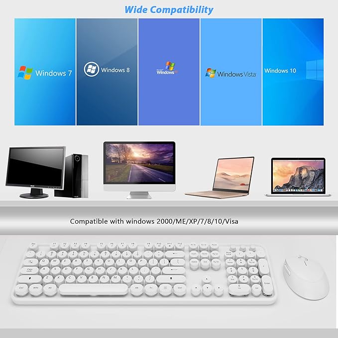Wireless Keyboard Mouse Combo, 104 Keys Cute White Keyboard - Image 8