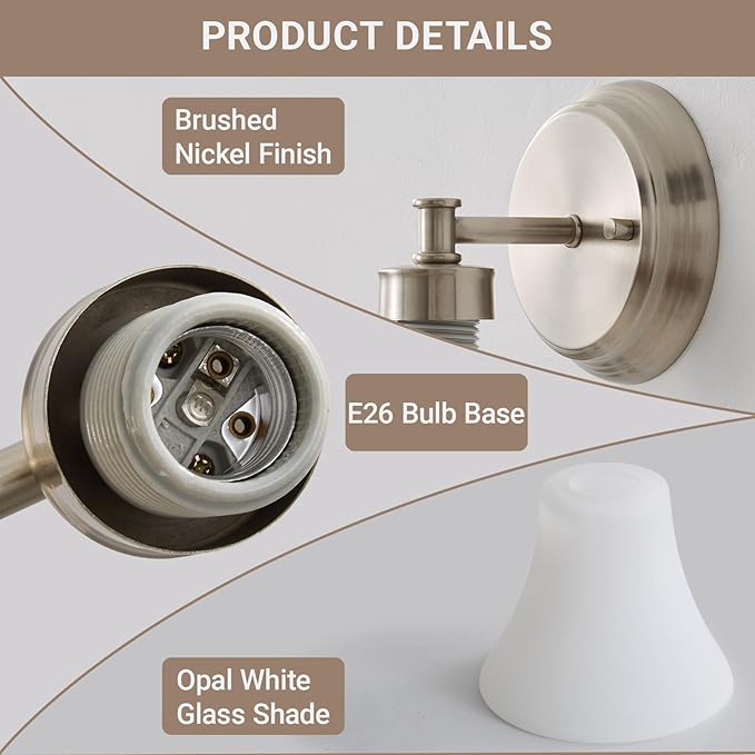 LOUSACE 2 Pack 1-Light Brushed Nickel Bathroom Lighting Fixtures Vintage - Image 5
